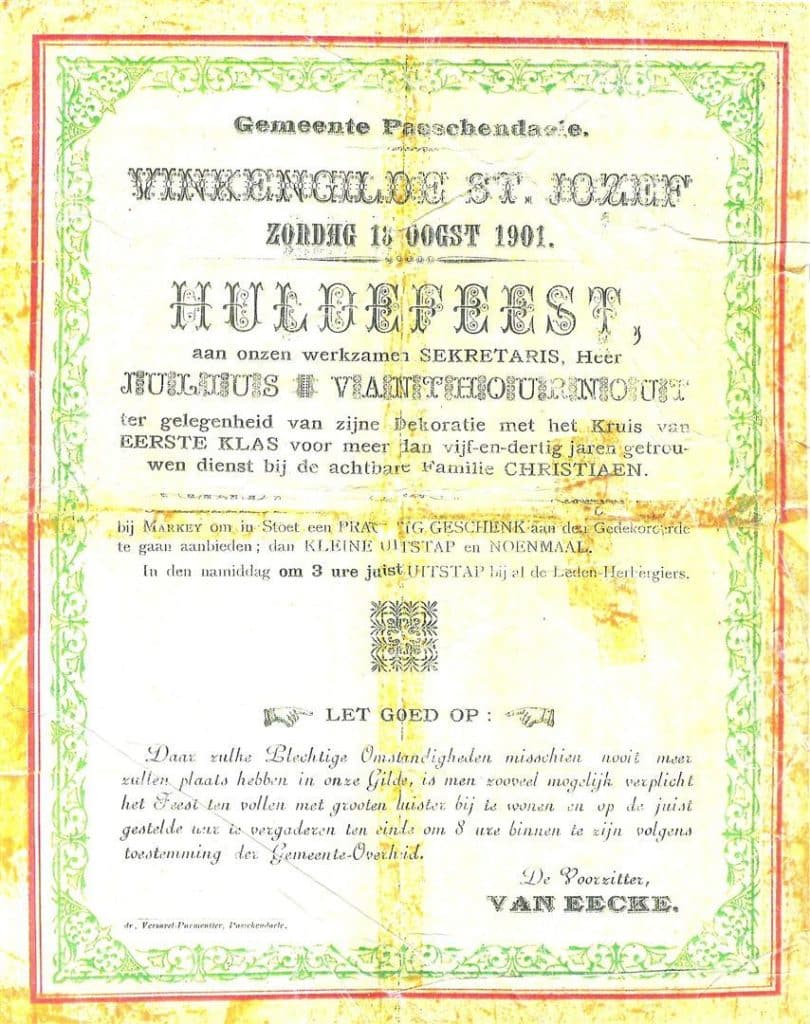 Uitnodiging aan de leden van de vinkengilde Sint-Jozef te Passendale voor een huldefeest voor hun verdienstelijke secretaris Julius Vanthournout op 18 augustus 1901
