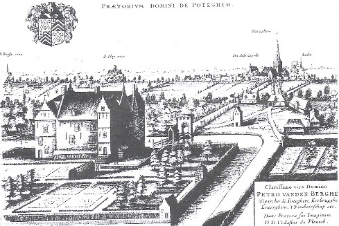 Het kasteel van de heren van Poteghem te Waregem. Kopergravure van Vedastus du Plouich uit het 'Steden-boek' van J. Blaeu, Amsterdam, 1649 of iets later.