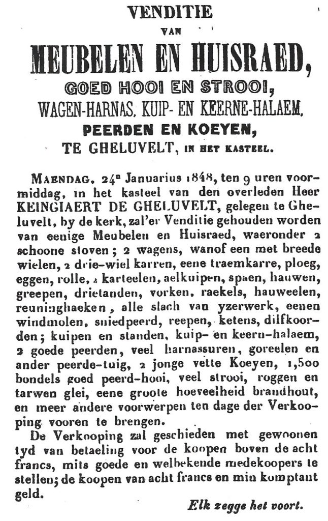 Advertentie van verkoop van meubelen en huisraad van 1848