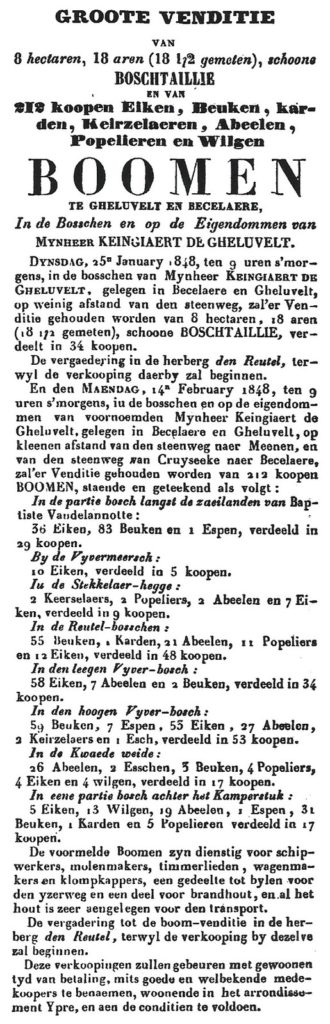 Advertentie van verkoop van grond en bomen van 1848