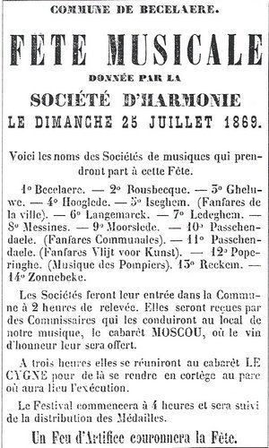 Relaas van een muziekverbroedering te Beselare op zondag 25 juli 1869 uit het Ieperse weekblad "De Toekomst".