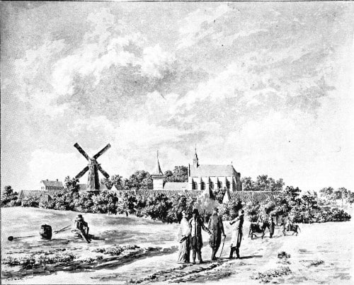De overblijfselen van de Augustijnenabdij van Zonnebeke met de kasteelmolen, gezien van uit zuidoostelijke richting (Grote Molenstraat) naar een pentekening van Seraphin Vermote uit 1817.