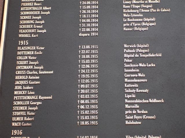 Detailfoto van het oorlogsmonument in het Franse Kaisersberg, waarop verwijzingen naar Zonnebeke staan (foto Mario Dujardin, Zonnebeke).