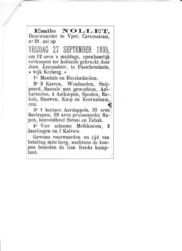 Aankondiging door deurwaarder Emile Nollet van een openbare verkoop op 27 september 1895.