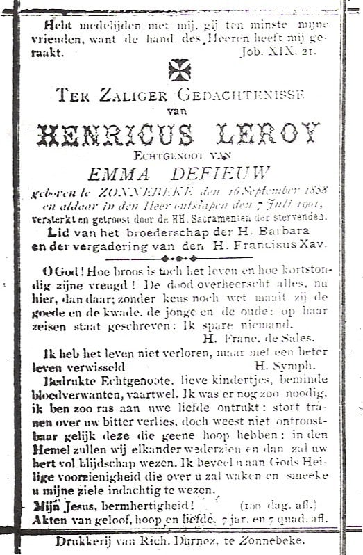 Aankondiging overlijden Henricus Leroy