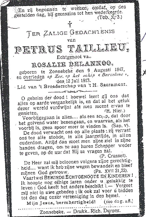 Ter Zalige Gedachtenis van Petrus Taillieu, overleden op Zee, den 12 Juli 1913.