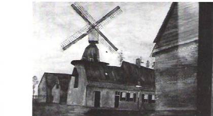 Cardoens vlaszwingelmolen nadat hij was gemonteerd boven de stallingen van boer Vandenberghe te Boezinge in 1913. De foto is gemaakt van een schilderij, eigendom van en bewaard door Gerard Vandenberghe.