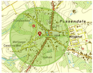 Kaart no-regretmaatregelen PFAS zone van 500 meter rond Canadalaan 6+ in Passendale.