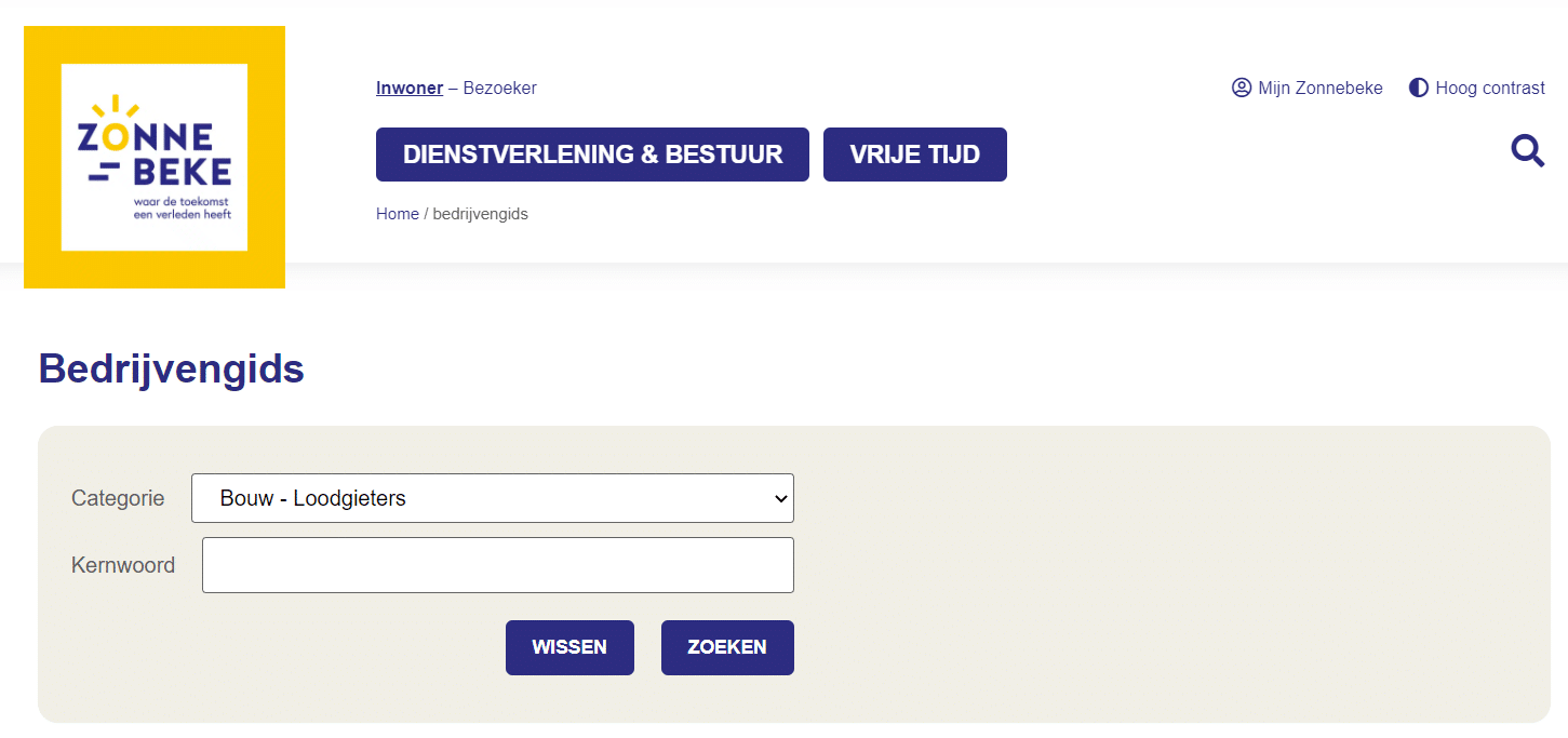 Screenshot van de bedrijvengids op de gemeentelijke website zonnebeke.be.
